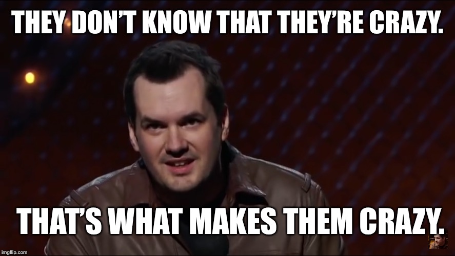 The Democrats | THEY DON’T KNOW THAT THEY’RE CRAZY. THAT’S WHAT MAKES THEM CRAZY. | image tagged in jim jefferies 1,demwitards,duh,der,impeach impeach | made w/ Imgflip meme maker
