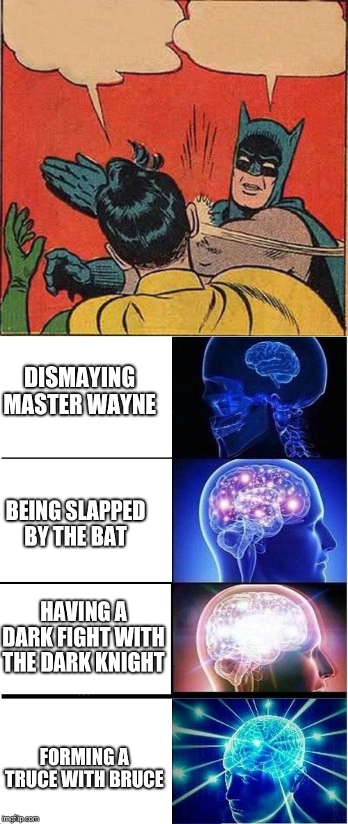 DISMAYING MASTER WAYNE; BEING SLAPPED BY THE BAT; HAVING A DARK FIGHT WITH THE DARK KNIGHT; FORMING A TRUCE WITH BRUCE | image tagged in memes,batman slapping robin,expanding brain | made w/ Imgflip meme maker