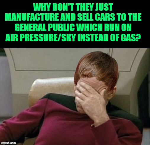 Captain Picard Facepalm | WHY DON'T THEY JUST MANUFACTURE AND SELL CARS TO THE GENERAL PUBLIC WHICH RUN ON AIR PRESSURE/SKY INSTEAD OF GAS? | image tagged in memes,captain picard facepalm | made w/ Imgflip meme maker