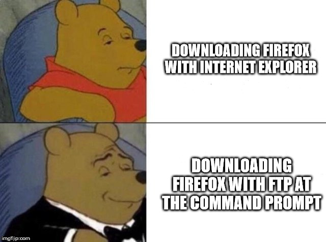 Classy Pooh Bear | DOWNLOADING FIREFOX WITH INTERNET EXPLORER; DOWNLOADING FIREFOX WITH FTP AT THE COMMAND PROMPT | image tagged in classy pooh bear | made w/ Imgflip meme maker