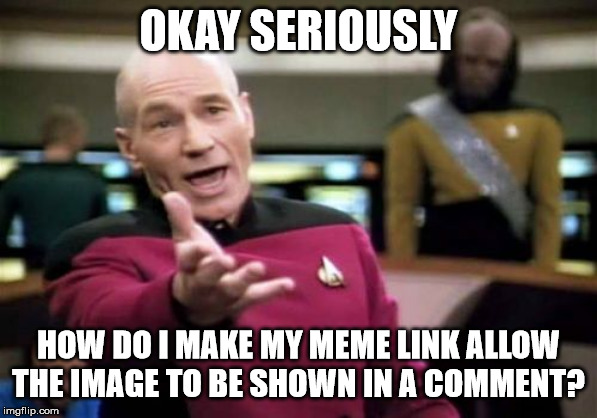 Picard Wtf Meme | OKAY SERIOUSLY HOW DO I MAKE MY MEME LINK ALLOW THE IMAGE TO BE SHOWN IN A COMMENT? | image tagged in memes,picard wtf | made w/ Imgflip meme maker