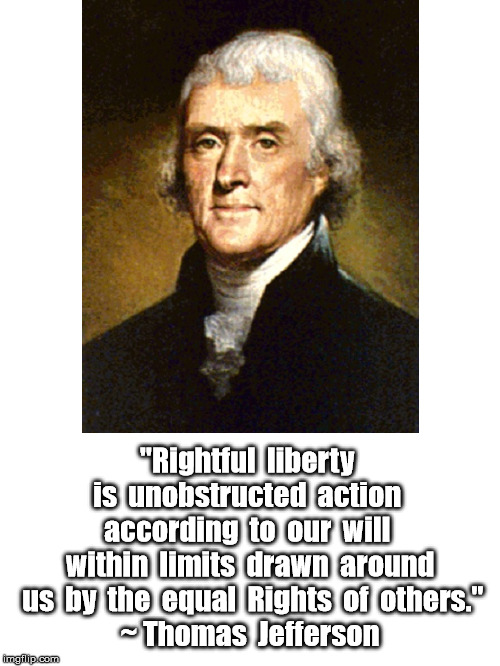 RightfulLiberty | "Rightful  liberty  is  unobstructed  action  according  to  our  will  within  limits  drawn  around  us  by  the  equal  Rights  of  others."
~ Thomas  Jefferson | image tagged in politically incorrect | made w/ Imgflip meme maker