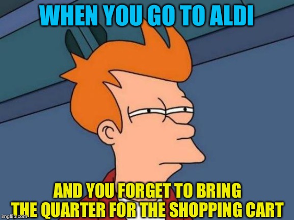 Remember that quarter! | WHEN YOU GO TO ALDI; AND YOU FORGET TO BRING THE QUARTER FOR THE SHOPPING CART | image tagged in memes,futurama fry | made w/ Imgflip meme maker