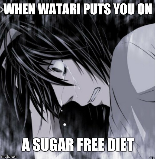 L crying | WHEN WATARI PUTS YOU ON; A SUGAR FREE DIET | image tagged in l crying | made w/ Imgflip meme maker