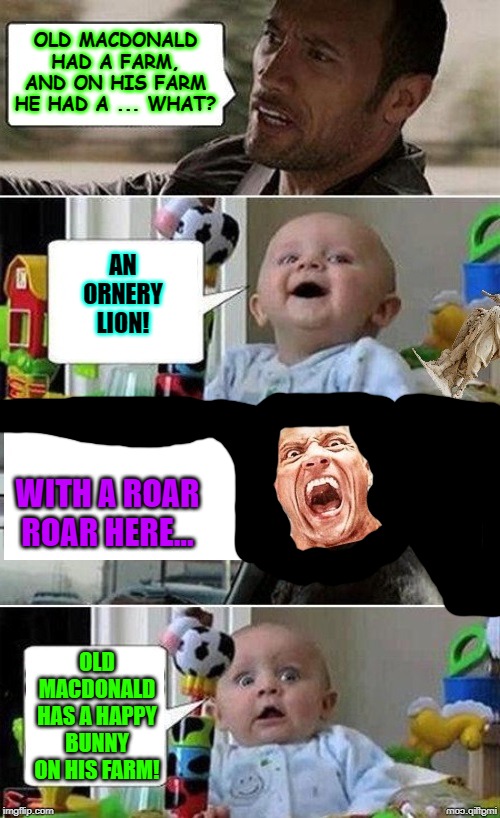 Angry Rock Driving Baby | OLD MACDONALD HAD A FARM, AND ON HIS FARM HE HAD A ... WHAT? AN ORNERY LION! WITH A ROAR ROAR HERE... OLD MACDONALD HAS A HAPPY BUNNY ON HIS FARM! | image tagged in angry rock driving baby | made w/ Imgflip meme maker
