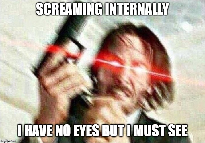 John Wick | SCREAMING INTERNALLY; I HAVE NO EYES BUT I MUST SEE | image tagged in john wick | made w/ Imgflip meme maker