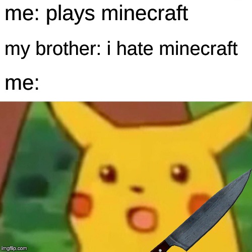 Surprised Pikachu | me: plays minecraft; my brother: i hate minecraft; me: | image tagged in memes,surprised pikachu | made w/ Imgflip meme maker