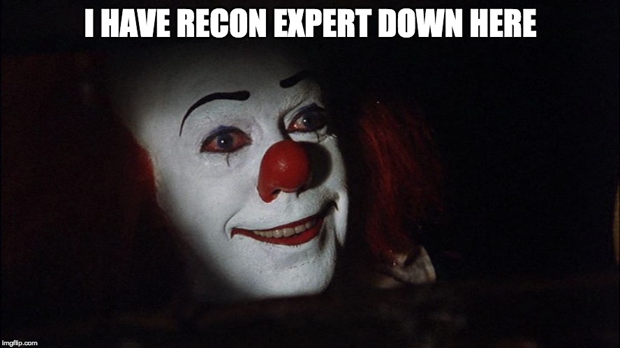 Stephen King It Pennywise Sewer Tim Curry We all Float Down Here | I HAVE RECON EXPERT DOWN HERE | image tagged in stephen king it pennywise sewer tim curry we all float down here | made w/ Imgflip meme maker