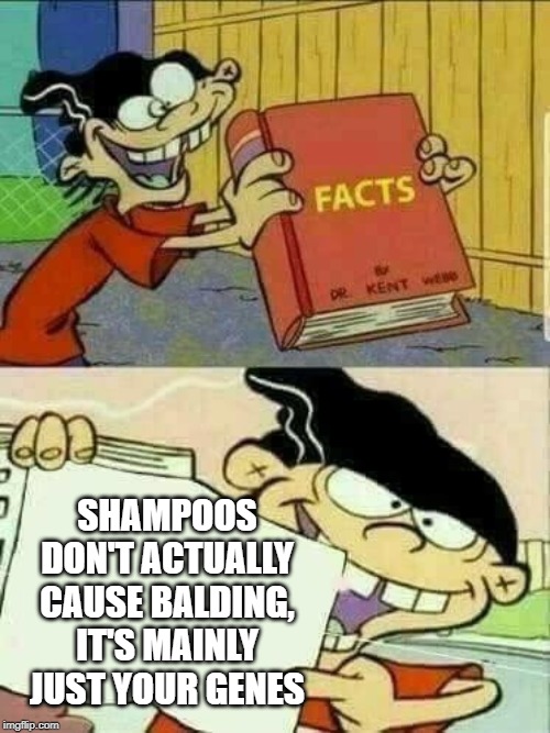 Double d facts book  | SHAMPOOS DON'T ACTUALLY CAUSE BALDING, IT'S MAINLY JUST YOUR GENES | image tagged in double d facts book | made w/ Imgflip meme maker