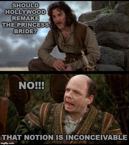 SHOULD HOLLYWOOD REMAKE THE PRINCESS BRIDE? NO!!! THAT NOTION IS INCONCEIVABLE | image tagged in inconceivable,princess bride | made w/ Imgflip meme maker