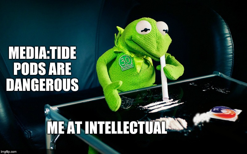 Kermit Snorting Tide Pod | MEDIA:TIDE PODS ARE DANGEROUS; ME AT INTELLECTUAL | image tagged in kermit snorting tide pod | made w/ Imgflip meme maker