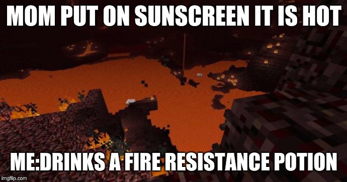 Nether | MOM PUT ON SUNSCREEN IT IS HOT; ME:DRINKS A FIRE RESISTANCE POTION | image tagged in nether | made w/ Imgflip meme maker