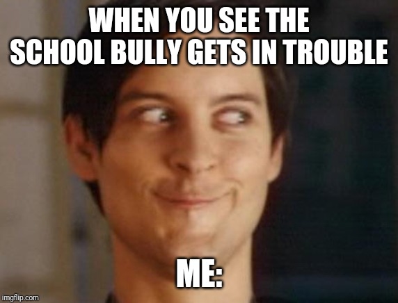 Spiderman Peter Parker Meme | WHEN YOU SEE THE SCHOOL BULLY GETS IN TROUBLE; ME: | image tagged in memes,spiderman peter parker | made w/ Imgflip meme maker