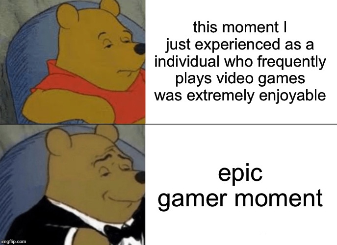 Tuxedo Winnie The Pooh | this moment I just experienced as a individual who frequently plays video games was extremely enjoyable; epic gamer moment | image tagged in memes,tuxedo winnie the pooh | made w/ Imgflip meme maker