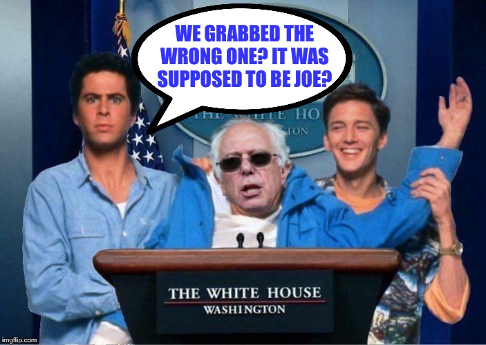 Weekend at Bernie Sanders' | WE GRABBED THE WRONG ONE? IT WAS SUPPOSED TO BE JOE? | image tagged in weekend at bernie sanders' | made w/ Imgflip meme maker