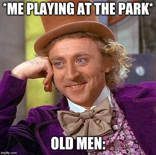 Creepy Condescending Wonka | *ME PLAYING AT THE PARK*; OLD MEN: | image tagged in memes,creepy condescending wonka | made w/ Imgflip meme maker