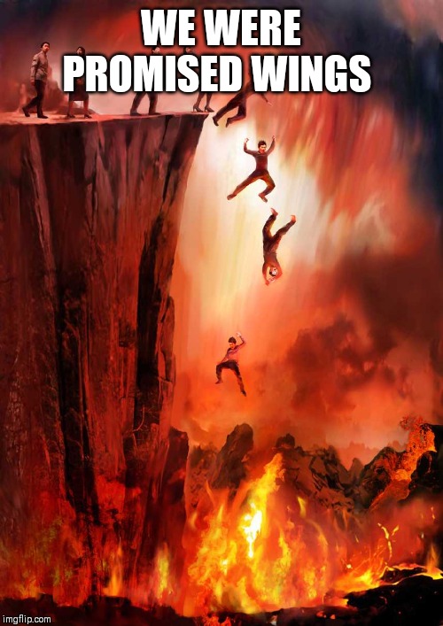 jumping into hell | WE WERE PROMISED WINGS | image tagged in jumping into hell | made w/ Imgflip meme maker