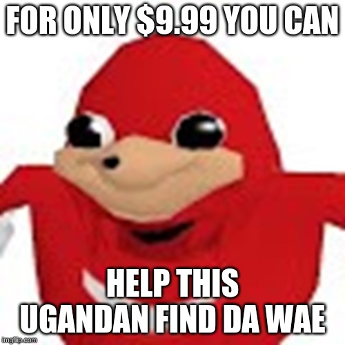 FOR ONLY $9.99 YOU CAN; HELP THIS UGANDAN FIND DA WAE | image tagged in ugandan knuckles,memes | made w/ Imgflip meme maker