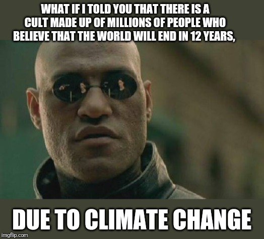 This particular belief has caused a demand for councilors and therapists to help the children of these "climate cult". | WHAT IF I TOLD YOU THAT THERE IS A CULT MADE UP OF MILLIONS OF PEOPLE WHO BELIEVE THAT THE WORLD WILL END IN 12 YEARS, DUE TO CLIMATE CHANGE | image tagged in memes,matrix morpheus,cult,politics lol,politics,political meme | made w/ Imgflip meme maker