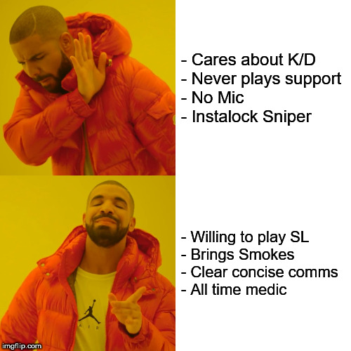 Hardcore FPS Teammates | - Cares about K/D

- Never plays support

- No Mic

- Instalock Sniper; - Willing to play SL

- Brings Smokes
- Clear concise comms
- All time medic | image tagged in drake hotline bling,fps,gaming,milsim,tactical,shooter | made w/ Imgflip meme maker