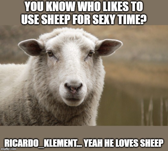 Roast Ricardo and all things British. September 16th-22nd | YOU KNOW WHO LIKES TO USE SHEEP FOR SEXY TIME? RICARDO_KLEMENT... YEAH HE LOVES SHEEP | image tagged in bad joke sheep,roast ricardo week,burn,id like to see someone beat this joke,take that | made w/ Imgflip meme maker
