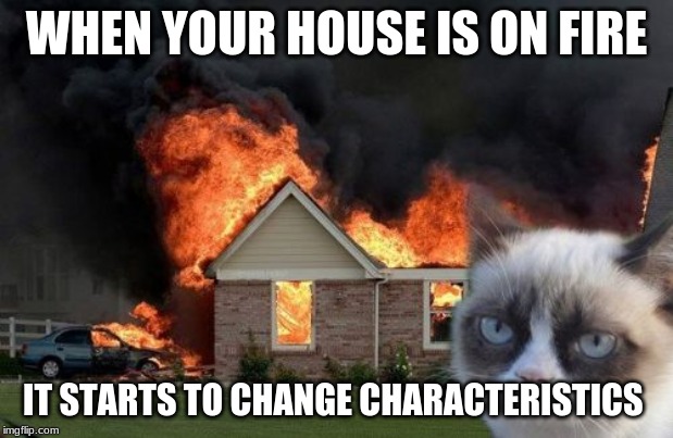 Burn Kitty Meme | WHEN YOUR HOUSE IS ON FIRE; IT STARTS TO CHANGE CHARACTERISTICS | image tagged in memes,burn kitty,grumpy cat | made w/ Imgflip meme maker