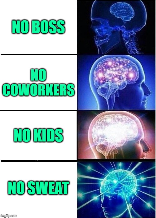 Expanding Housewife Brain | NO BOSS; NO COWORKERS; NO KIDS; NO SWEAT | image tagged in expanding brain,housewife,stay at home,funny memes,food for thought,lifestyle | made w/ Imgflip meme maker