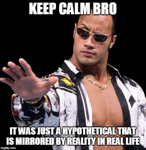 The Rock Says Keep Calm | KEEP CALM BRO IT WAS JUST A HYPOTHETICAL THAT IS MIRRORED BY REALITY IN REAL LIFE | image tagged in the rock says keep calm | made w/ Imgflip meme maker