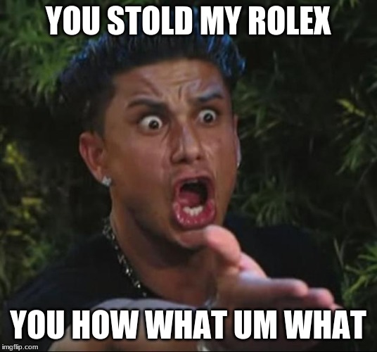 DJ Pauly D Meme | YOU STOLD MY ROLEX; YOU HOW WHAT UM WHAT | image tagged in memes,dj pauly d | made w/ Imgflip meme maker