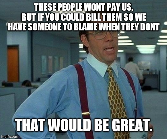 That Would Be Great Meme | THESE PEOPLE WONT PAY US, BUT IF YOU COULD BILL THEM SO WE HAVE SOMEONE TO BLAME WHEN THEY DONT; THAT WOULD BE GREAT. | image tagged in memes,that would be great | made w/ Imgflip meme maker