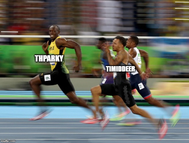 Usain Bolt running | THPARKY TIMIDDEER | image tagged in usain bolt running | made w/ Imgflip meme maker