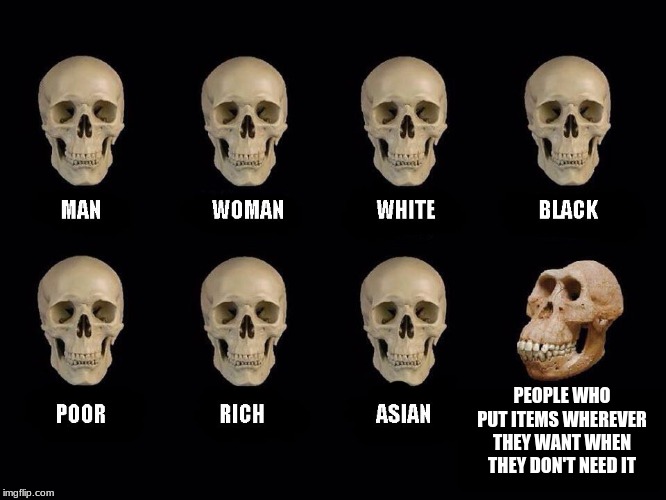 empty skulls of truth | PEOPLE WHO PUT ITEMS WHEREVER THEY WANT WHEN THEY DON'T NEED IT | image tagged in empty skulls of truth | made w/ Imgflip meme maker