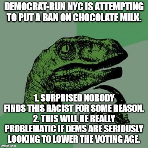 TRIGGER WARNING: Incredibly sarcastic. Except for the chocolate milk ban. And the voting age lowering / ban. | DEMOCRAT-RUN NYC IS ATTEMPTING TO PUT A BAN ON CHOCOLATE MILK. 1. SURPRISED NOBODY FINDS THIS RACIST FOR SOME REASON.
2. THIS WILL BE REALLY PROBLEMATIC IF DEMS ARE SERIOUSLY LOOKING TO LOWER THE VOTING AGE. | image tagged in memes,philosoraptor,democrats,new york city,chocolate milk,funny | made w/ Imgflip meme maker