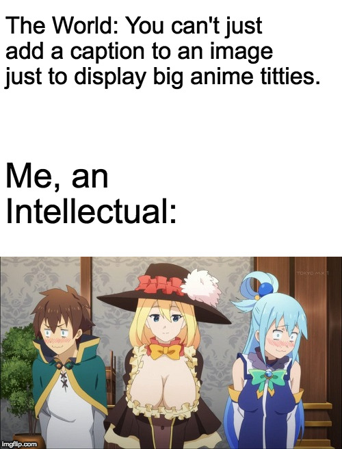 They're Known As...THE BIG TWO!!!! | The World: You can't just add a caption to an image just to display big anime titties. Me, an Intellectual: | image tagged in blank white template,darkness konosuba,big boobs,memes,anime | made w/ Imgflip meme maker