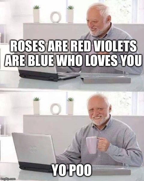 Hide the Pain Harold Meme | ROSES ARE RED VIOLETS ARE BLUE WHO LOVES YOU; YO POO | image tagged in memes,hide the pain harold | made w/ Imgflip meme maker