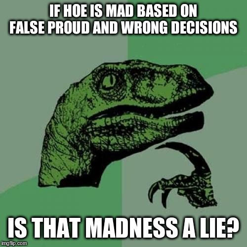 Philosoraptor Meme | IF HOE IS MAD BASED ON FALSE PROUD AND WRONG DECISIONS IS THAT MADNESS A LIE? | image tagged in memes,philosoraptor | made w/ Imgflip meme maker