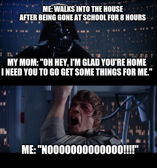 Star Wars No Meme | ME: WALKS INTO THE HOUSE AFTER BEING GONE AT SCHOOL FOR 8 HOURS; MY MOM: "OH HEY, I'M GLAD YOU'RE HOME I NEED YOU TO GO GET SOME THINGS FOR ME."; ME: "NOOOOOOOOOOOOO!!!!" | image tagged in memes,star wars no | made w/ Imgflip meme maker