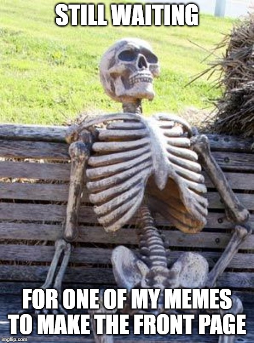 Waiting Skeleton | STILL WAITING; FOR ONE OF MY MEMES TO MAKE THE FRONT PAGE | image tagged in memes,waiting skeleton | made w/ Imgflip meme maker