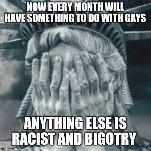 Sad Lady Liberty | NOW EVERY MONTH WILL HAVE SOMETHING TO DO WITH GAYS; ANYTHING ELSE IS RACIST AND BIGOTRY | image tagged in sad lady liberty | made w/ Imgflip meme maker