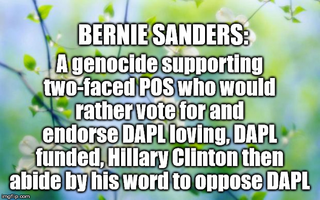 His initials are B.S. for a reason | A genocide supporting two-faced POS who would rather vote for and endorse DAPL loving, DAPL funded, Hillary Clinton then abide by his word to oppose DAPL; BERNIE SANDERS: | image tagged in flowers,bernie sanders,dapl,genocide,hillary clinton | made w/ Imgflip meme maker