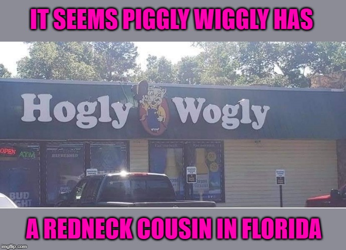 It's always in Florida these days... | IT SEEMS PIGGLY WIGGLY HAS; A REDNECK COUSIN IN FLORIDA | image tagged in hogly wogly,memes,piggly wiggly,funny,redneck cousins,florida | made w/ Imgflip meme maker