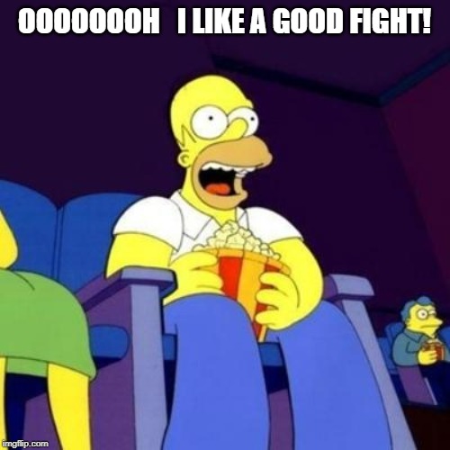 Homer eating popcorn | OOOOOOOH   I LIKE A GOOD FIGHT! | image tagged in homer eating popcorn | made w/ Imgflip meme maker