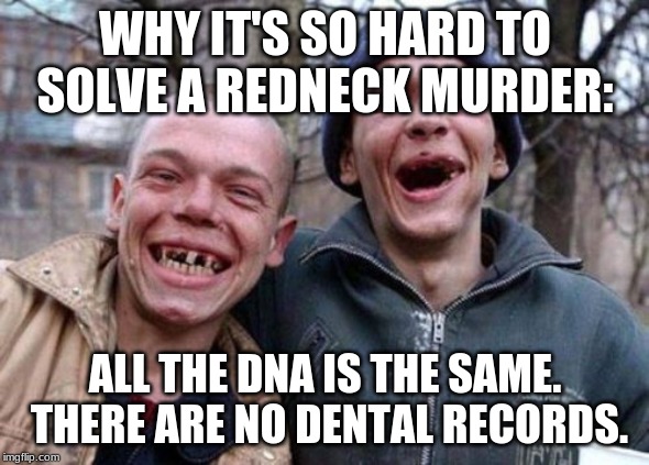 Ugly Twins | WHY IT'S SO HARD TO SOLVE A REDNECK MURDER:; ALL THE DNA IS THE SAME.
 THERE ARE NO DENTAL RECORDS. | image tagged in memes,ugly twins | made w/ Imgflip meme maker