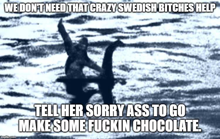 loch Ness and Bigfoot | WE DON'T NEED THAT CRAZY SWEDISH B**CHES HELP TELL HER SORRY ASS TO GO MAKE SOME F**KIN CHOCOLATE. | image tagged in loch ness and bigfoot | made w/ Imgflip meme maker