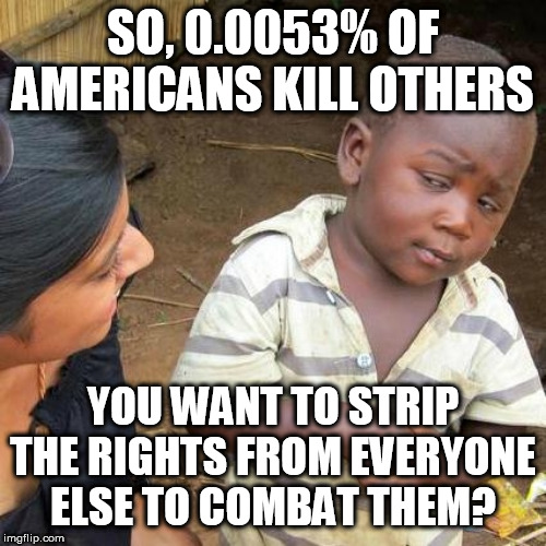 Third World Skeptical Kid Meme | SO, 0.0053% OF AMERICANS KILL OTHERS; YOU WANT TO STRIP THE RIGHTS FROM EVERYONE ELSE TO COMBAT THEM? | image tagged in memes,third world skeptical kid | made w/ Imgflip meme maker