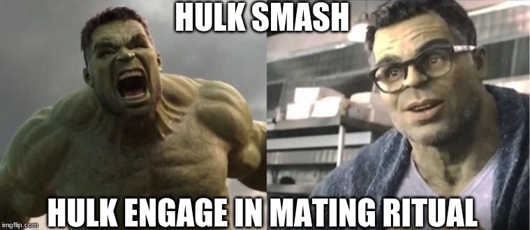 Angry Hulk VS Civil Hulk | HULK SMASH; HULK ENGAGE IN MATING RITUAL | image tagged in angry hulk vs civil hulk | made w/ Imgflip meme maker