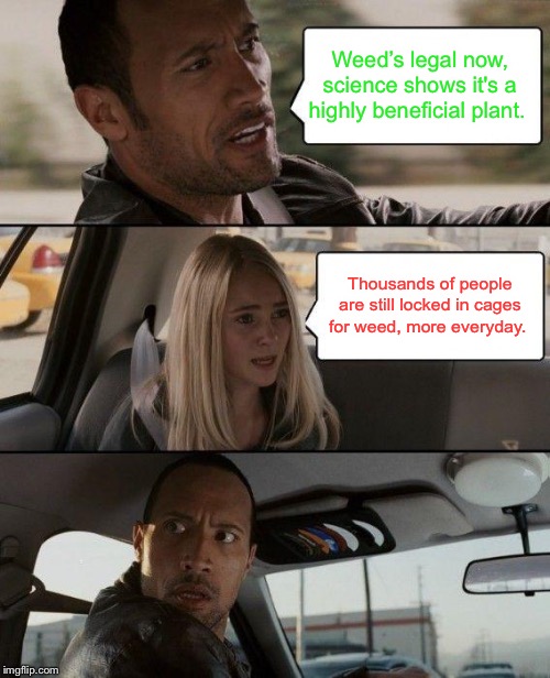 The Rock Driving Meme | Weed’s legal now, science shows it's a highly beneficial plant. Thousands of people are still locked in cages for weed, more everyday. | image tagged in memes,the rock driving | made w/ Imgflip meme maker