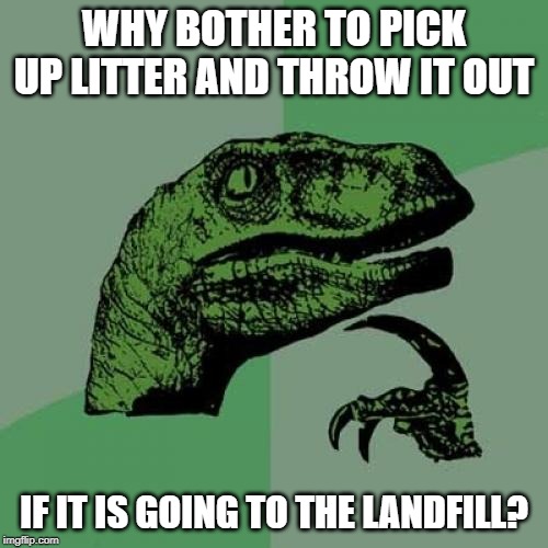 Philosoraptor | WHY BOTHER TO PICK UP LITTER AND THROW IT OUT; IF IT IS GOING TO THE LANDFILL? | image tagged in memes,philosoraptor | made w/ Imgflip meme maker