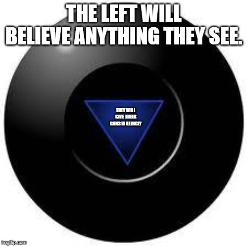 Magic 8 ball | THE LEFT WILL BELIEVE ANYTHING THEY SEE. THEY WILL GIVE THEIR GUNS WILLINGLY | image tagged in magic 8 ball | made w/ Imgflip meme maker