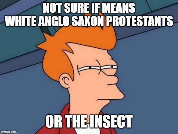 Futurama Fry Meme | NOT SURE IF MEANS WHITE ANGLO SAXON PROTESTANTS OR THE INSECT | image tagged in memes,futurama fry | made w/ Imgflip meme maker